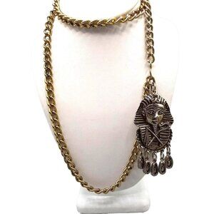 Vintage Large King Tut Pendant on Chunky Gold Tone Curb Link Chain Egyptian Phar